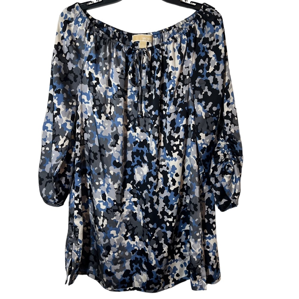Michael Kors Blue, Black & White Printed Peasant Blouse